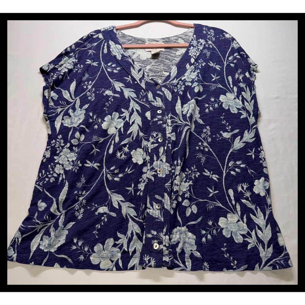 Laura Ashley Floral Button Up Top Women 1X Navy Linen Blend Casual